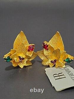 VTG Dominique Aurientis Paris France Golden Leaf & Crystals Clip On Earrings