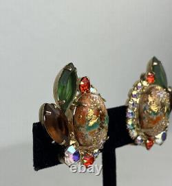 VTG Juliana D & E Easter Egg Clip On Earrings Gold Tone Green Amber Rhinestones