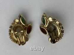 VTG Juliana D & E Easter Egg Clip On Earrings Gold Tone Green Amber Rhinestones