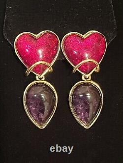 VTG Les Bernard Goldtone Red Violet Heart Jewel Gripoix Clip Earrings VHTF