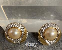 VTG S. A. L Earrings Signed Pearl Crystal Gold Toned Oval Clip Earrings Vintage
