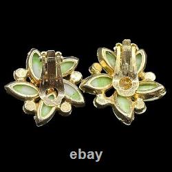 Verified D&E JULIANA Brooch Set Green Striped Rhinestone Vintage Clip Earrings