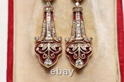Victorian Time Style New Made 14k Gold Natural Diamond Enamel Decorated Earring