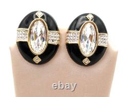 VintageSwarovskiStunning Black Enamel & Swarovski Crystals Clip On Earrings