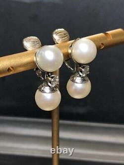 Vintage 14K Pearl Diamond Drop Clip On Earrings