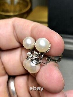Vintage 14K Pearl Diamond Drop Clip On Earrings
