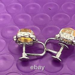 Vintage 14K White Gold Natural Yellow Sapphire Screw Back Clip On Earrings