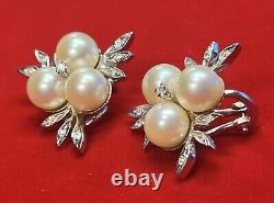 Vintage 14K White Gold Pearls Diamonds Clip-On Earrings