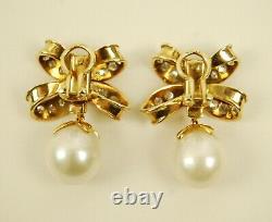 Vintage 14K Yellow Gold Diamond BOW Clip-On Earrings with Removable Pearls