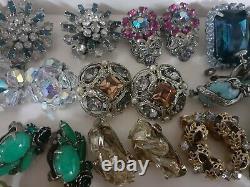 Vintage 14 Pair Rhinestone Clip Earrings