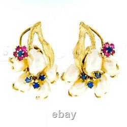 Vintage 14k Gold 1.20ctw Pearl Ruby & Sapphire Flower Cluster Clip On Earrings