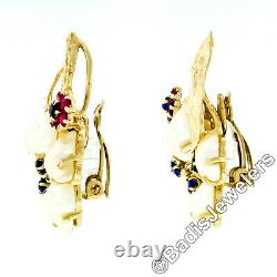 Vintage 14k Gold 1.20ctw Pearl Ruby & Sapphire Flower Cluster Clip On Earrings