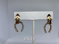 Vintage 14k Gold & Pearl Horseshoe Dangle Clip On Earrings