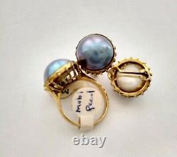 Vintage 14k Yellow Gold Classic Large Mabe Pearl Set Ring Clip Pierced Earrings