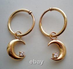 Vintage 14k Yellow Gold Hoop Clip On Earrings 2 Pairs CZ Moon Heart Charm Set