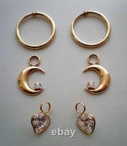 Vintage 14k Yellow Gold Hoop Clip On Earrings 2 Pairs CZ Moon Heart Charm Set