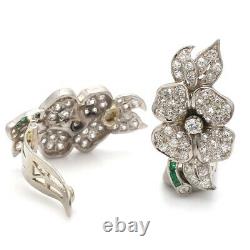Vintage 18K White Gold 1.50ctw Diamond & Emerald Flower Clip-On Earrings