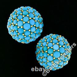 Vintage 18k Gold Cabochon Turquoise Cluster Dome Bombe Clip On Button Earrings