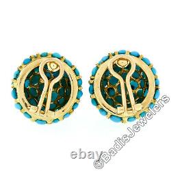 Vintage 18k Gold Cabochon Turquoise Cluster Dome Bombe Clip On Button Earrings