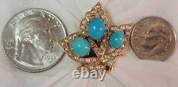 Vintage 18k Yellow Gold Butterfly Clip-on Earrings Seed Pearls, Turquoise, Ruby