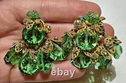 Vintage 1950 DeMario NY Green Faceted Crystals Beads Rhinestone Clip Earrings F8