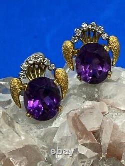 Vintage 1950s 18K Yellow Gold with Amethysts & Diamonds Earclip Clip Earrings
