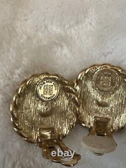Vintage 1980 Givenchy Paris New York Chunky Logo Round Clip On Earrings Gold Pla