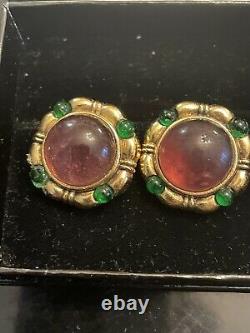 Vintage 1980s Chanel 1983 Gripoix Glass Earrings Gold Plated Stamped With Box