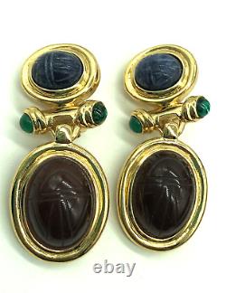 Vintage 1980s Givenchy Egyptian Revival Scarab Gold Tone Dangle Clip On Earrings