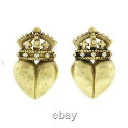 Vintage 1987 Kieselstein Cord 18k Gold Heart & Crown Diamond Clip On Earrings