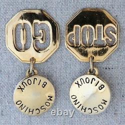 Vintage 1990s Moschino Bijoux Gold Go Stop Sign Drop Dangle Clip On Earrings