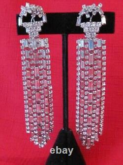 Vintage 4 Long Dangling Clear Sparkling Rhinestone Clip On Earrings