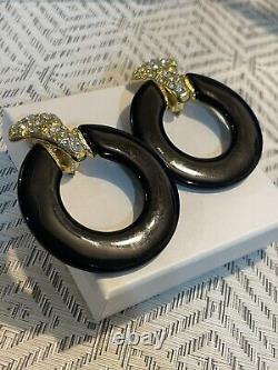 Vintage 80's Black Gold Rhinestone Clip On Earrings