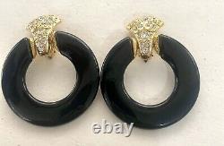 Vintage 80's Black Gold Rhinestone Clip On Earrings