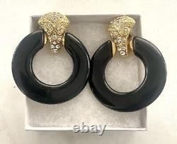 Vintage 80's Black Gold Rhinestone Clip On Earrings