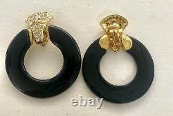 Vintage 80's Black Gold Rhinestone Clip On Earrings