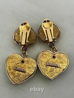 Vintage 80's Essex Signed Jelly Lucite Hearts Gripoix Style Clip On Earrings