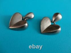 Vintage 80's Givenchy Modernist Matte Silver Tone Heart Clip On Earrings