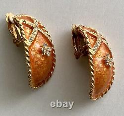 Vintage? 80s Couture Gerard Yosca Jeweled Orange Enamel 2 Dangle Clip Earrings