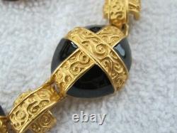 Vintage ANNE KLEIN Black Enamel Gold Tone Statement Necklace & Clip Earrings