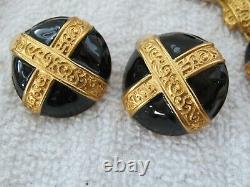 Vintage ANNE KLEIN Black Enamel Gold Tone Statement Necklace & Clip Earrings