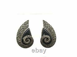 Vintage Art Deco Sterling 925 Pear Curved Swirl Onyx Marcasite Clip On Earrings
