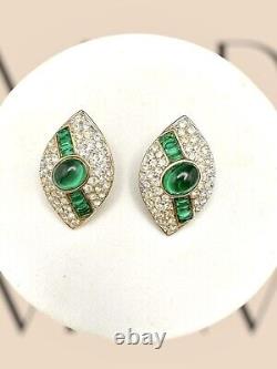 Vintage Art Deco Toplin Weinberg Emerald Glass Cabochon Rhinestone Clip Earrings