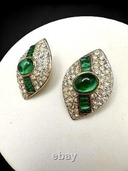 Vintage Art Deco Toplin Weinberg Emerald Glass Cabochon Rhinestone Clip Earrings