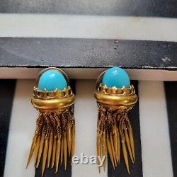 Vintage Art Deco Turquoise Glass Gold Tone Tassle Clip On Earrings