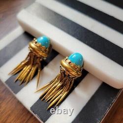 Vintage Art Deco Turquoise Glass Gold Tone Tassle Clip On Earrings