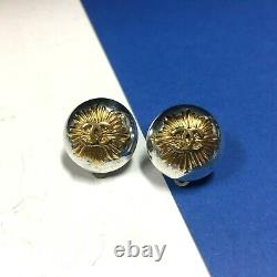 Vintage Authentic CHANEL Logo Clip Earrings 2-Tone Gold Silver Button R292b