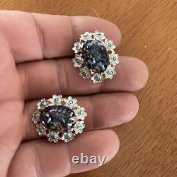 Vintage Authentic French Signed Dore Art Glass And Rhinestone Earrings Clip On