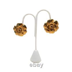 Vintage Authentic Gold Plated Chanel Camellia Flower Clip on Earrings
