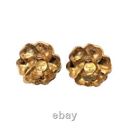 Vintage Authentic Gold Plated Chanel Camellia Flower Clip on Earrings